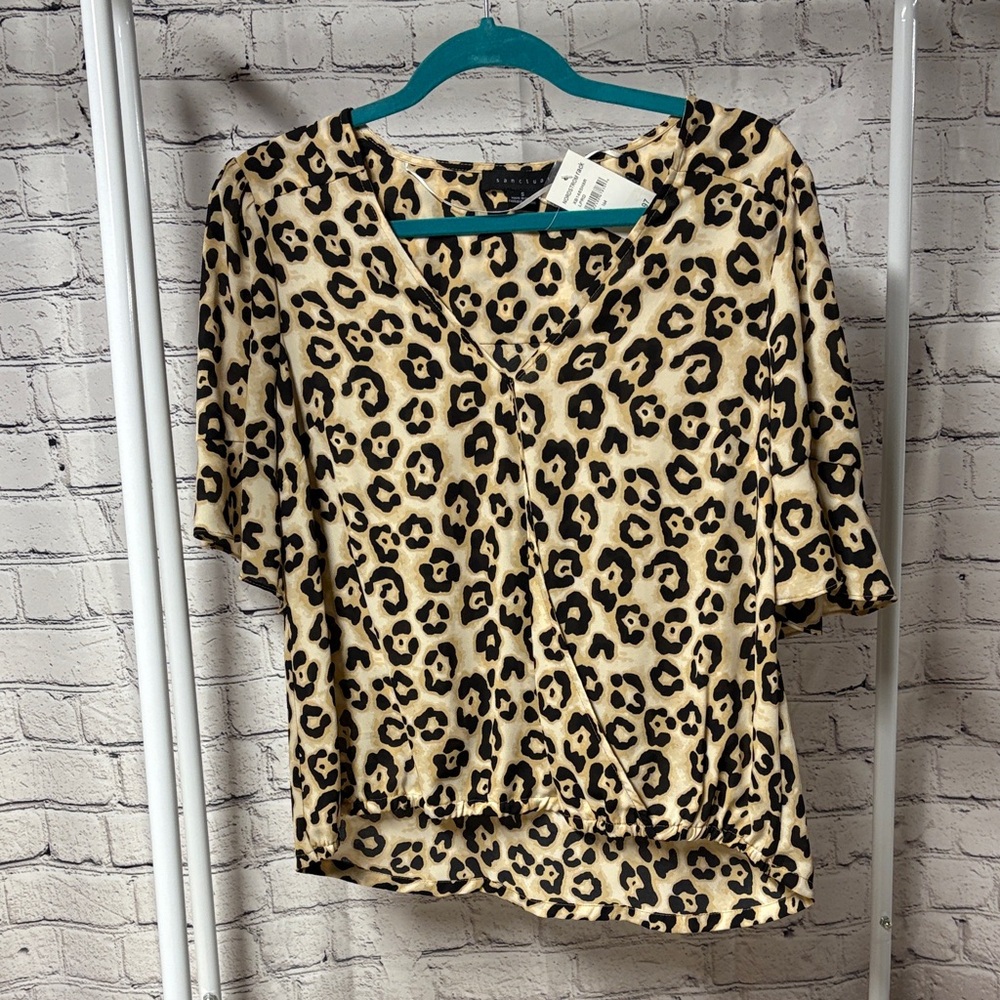 Leopard Print V-Neck Blouse - Beige/Black